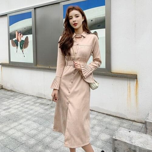 Flare Sleeve Office Autumn Dress Women Turn Down Collar Hollow Out Split Long Midi Dress Vintage Elegant with Belt Buttons C756