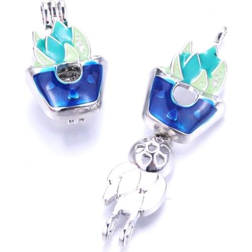 5pcs Blue Potted Plant Pearl Cage Locket Pendant Jewelry Making Bead Cage Aroma Essential Oil Diffuser Box Oyster Pearl