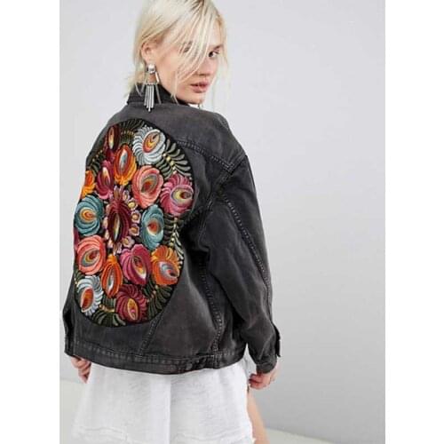 England Floral Embroidered Denim Jacket Boho Oversized Jeans Jacket Vintage Long Sleeve Casual Chic Jacket Coat Women 2020 A932