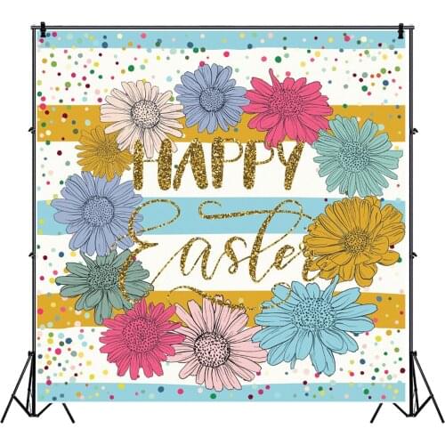 Happy Easter with Color Flowers Photography Backdrop Celebration Photo Booth Studio Decor