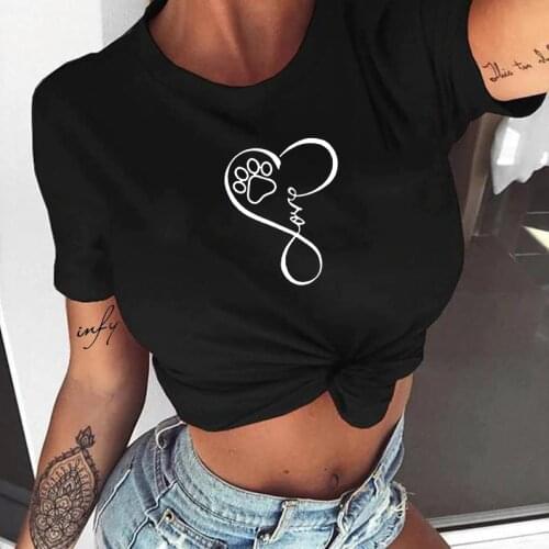 Cute Dog Paw Unique Classical Letter Font Love Printed Short Sleeve T-shirts Round Neck Summer Tops Women Funny Graphic Tee
