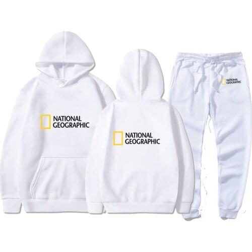 National Geographic Fall Mens Suit 2 Piece Hoodie + Pants Harajuku Sports Suit Casual Mens/Womens Sweatshirt Sportswear