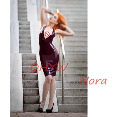 Women Deep V-neck Latex Rubber Dresses Latex Club Wear Costumes Clothing Dress Sexy Fetish Sleeveless Skirt for Female