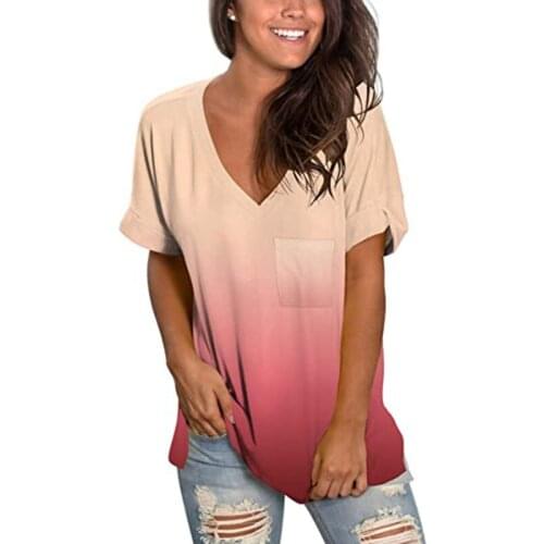 Summer New Popular Womens Casual Loose V-neck Printed T-shirt Black Gray Red White Wine Red Color Tops