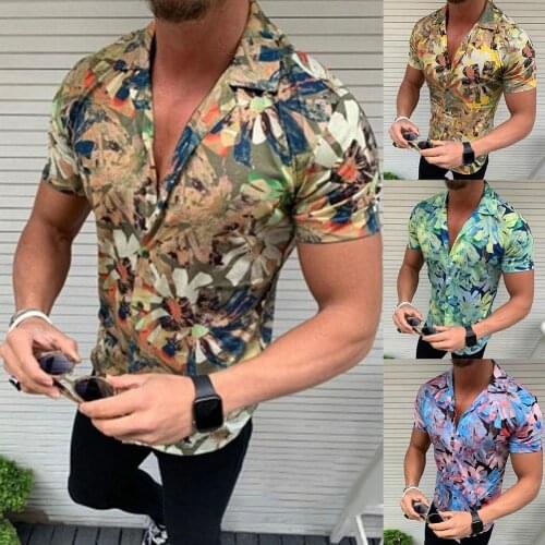 2020 New Fashion Men Stylish Short Sleeve Turn Down Collar Floral Print Blouse Button Shirt Summer T Shirts Casual Blouse