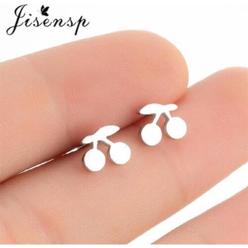 Jisensp New Cute Stainless Steel Cherry Earrings Sweet Fruit Stud Earrings for Women Girls Student Summer Bohemian Jewelry Gift