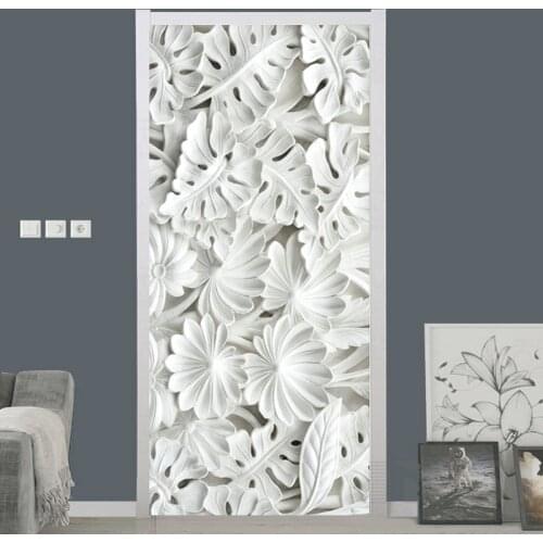 Self-Adhesive Door Sticker 3D Stereo White Leaf Gypsum Pattern Wallpapers Living Room Bedroom Home Decor PVC Waterproof Stickers