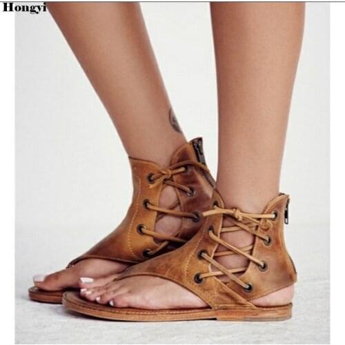 Women Sandals PU Split Leather Beach Sandals Brand Women Casual Shoes Flip Flops Lace Up Slippers Flat With Summer Shoes