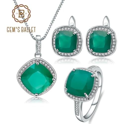 GEMS BALLET Natural Green Agate Stud Earrings Ring Pendant Set 925 Sterling Silver Natural Gemstone Fine Jewelry Set For Women