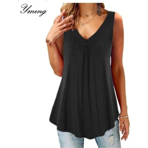 YMING Women Solid V-Neck Shirts Pleated Top Buttoned Sleeveless Loose Tank Top Daily Casual Vest Comfortable Ladies clothting