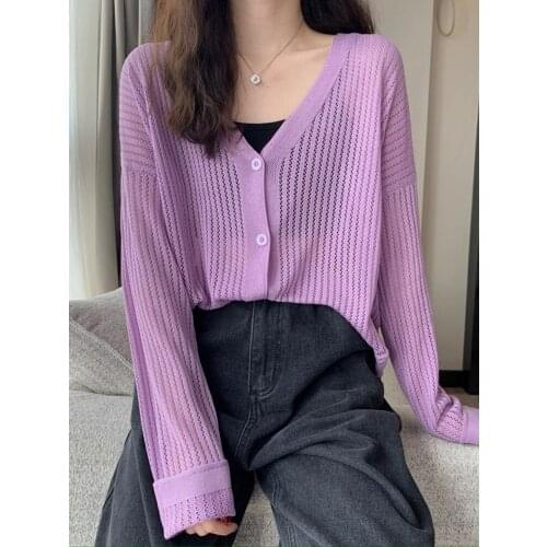 Womens Knitted Cardigan Long Sleeves Loose Hollow Sunscreen Autumn Winter Thin Pure Color Wholesale Top Fashion Lady Clothing