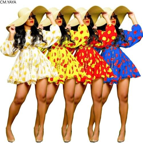 CM.YAYA Autumn Women Print Ball Gown Dress O-neck Long Sleeve High Waist Sashes Mini Dresses Vestidos