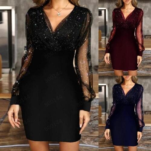 Fashion Women Front Crossing Wrapped V Neck See Through Sleeve Shiny Bodycon Mini Dress Womens Clothing платье женское vestido