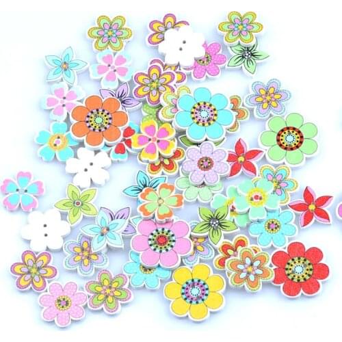 50pcs Wholesale Natural Wooden Buttons Colorful Mixed Flowers Wave Edge Scrapbook Sewing Accessories DIY Craft 18-24mm mt1515