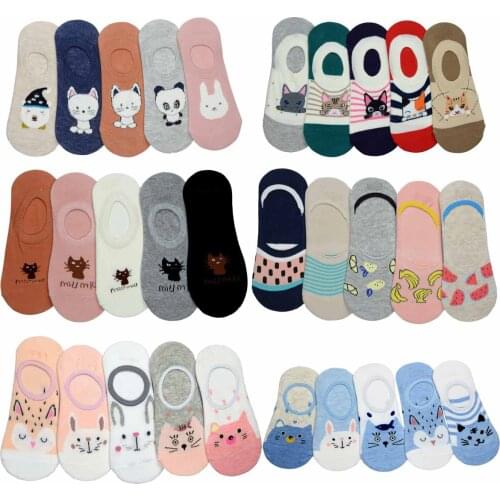 5 pairs women socks cartoon kawaii cute japanese korean style boat Ankle Girls Cotton Funny Color Novelty short sock