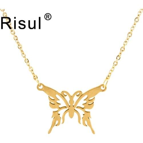 Risul women jewelry butterfly Charm Choker Necklace steel/gold/rosegold Stainless steel collier femme mirror polish 50pcs