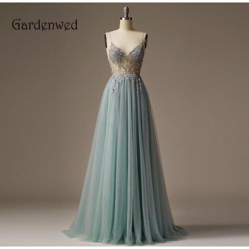 Glitter Beading Teal Evening Dresses 2020 New Spaghetti Straps A Line See Through Formal Girls Prom Dresses