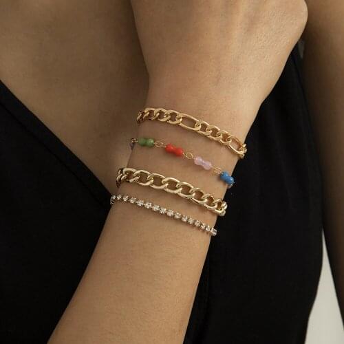 Bohemian Shiny Rhinestone Gold Chain Bracelet Bangles For Women Colorful Acrylic Chunky Chain Charm Bracelet On Hand Jewelry