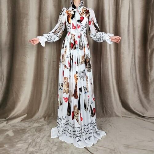 Plus Size Maxi Long Dress Autumn High Quality New WomenS Fashion Casual Elegant Cat Print Chiffon Streamers Party Dresses