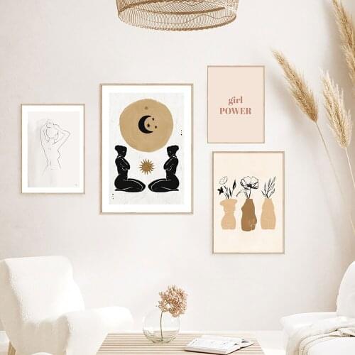 Illustration Women Gallery Wall Art Moon Star Flower Canvas Painting Posters and Print Girl Power Pictures for Living Room Decor