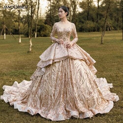 J67017 Jancember Plus Size Elegant Long Evening Gown 2020 O-Neck Chapel Train Lace Gold Prom Dress Long Sleeve