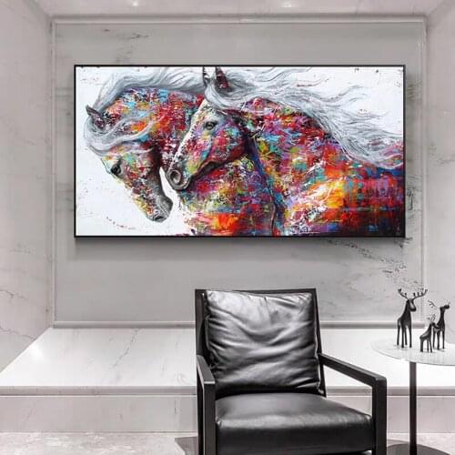 Animal Two Running Horses Color Canvas Painting Wall Art Pictures Decorative For Living Room Modern Abstract Prints Posters