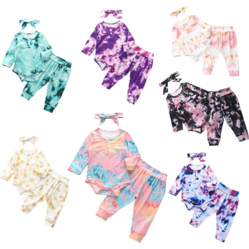 Fall Toddler Boy Girl Tie Dye Set Christmas Newborn Bow Headband+Romper+Pant 3pc Outfit Little Babyborn Cloth Maternity Leave 2T