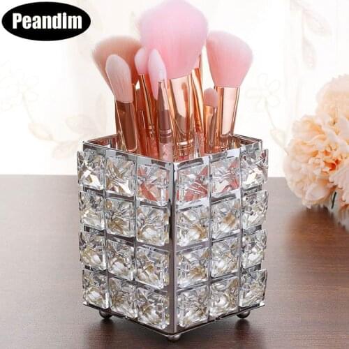 PEANDIM European Crystal Makeup Brush Storage Bucket Wedding Table Candle Holders Pencil Comb Finishing Square Container Box