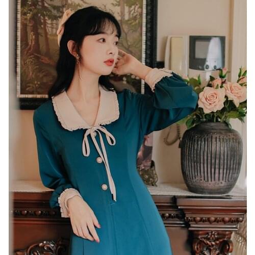 2021 Spring Niche Hepburn Style Little Black Dress Women French Contrast Color Lapel Sweet Literary Temperament Dress Vestidos