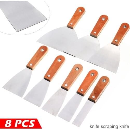 8Pcs Stainless Steel Putty Knife Set Cleaning Blade Paint Putty Knife Scraper Wooden Handle Hand Tool Construction Tools