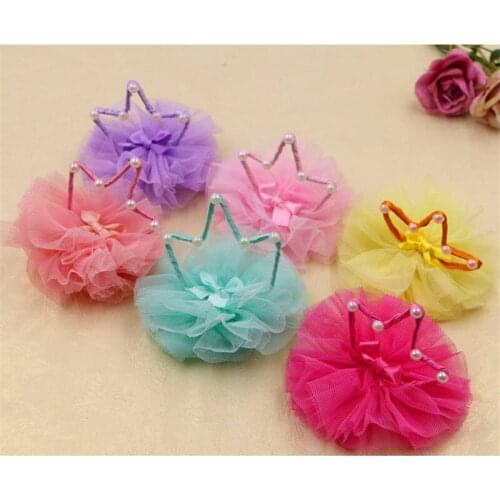 3D Princess Crown Chiffon Flowers Handmade Floral Button Patch Sticker Fit Girls Hair Jewelry DIY Clip Headband 10pcs