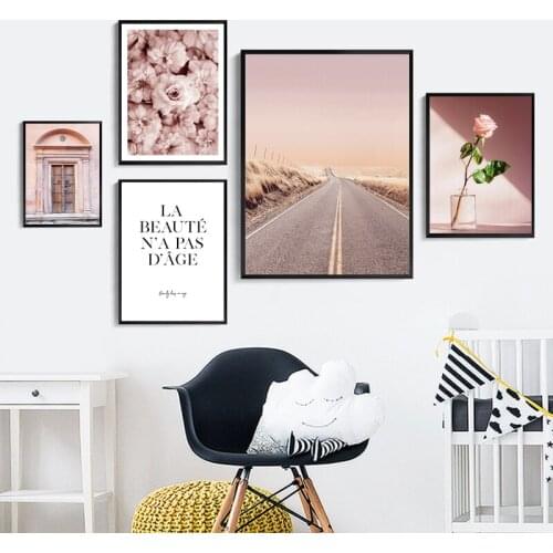 House Wall Art Canvas Painting Pink Building Scenery Picture Landscape Print And Posters For Living Room Nordic Home Decoration