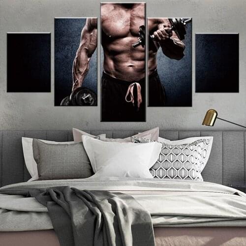 Fitness Equipment Dumbbell Player Wall Art Barbell Poster 5 Panel Canvas Painting Pictures for Living Room Homr Decor