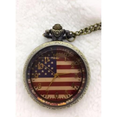 Wholesale 10 PCS Bronze Fashion Classic USA American Flag Quartz Pocket Watch Analog Pendant Necklace Chain Mens Womens Gifts