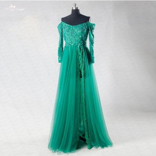 RSE742 Sexy Off The Shoulder Long Sleeve Prom Dresses Emerald Green Evening Dresses