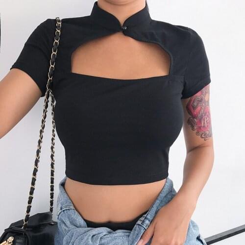 Sexy Women Tees Fashion Chinese Stand Collar Short Sleeves Tops Slim Hollow Fitting Tank Clubwear Blusa Cropped Tops Clothes
