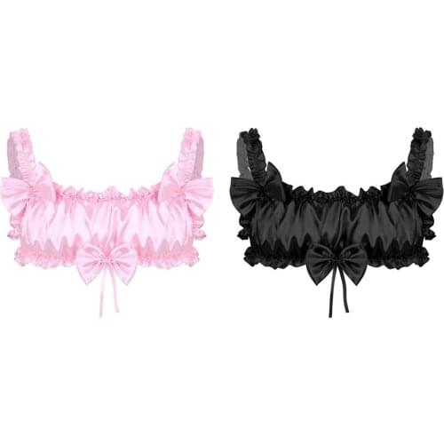 Men Sissy Lingerie Sexy Women Crop Top Smooth Soft Satin Ruffled Frilly Elastic Wide Shoulder Straps Backless Wire-free Bra Top