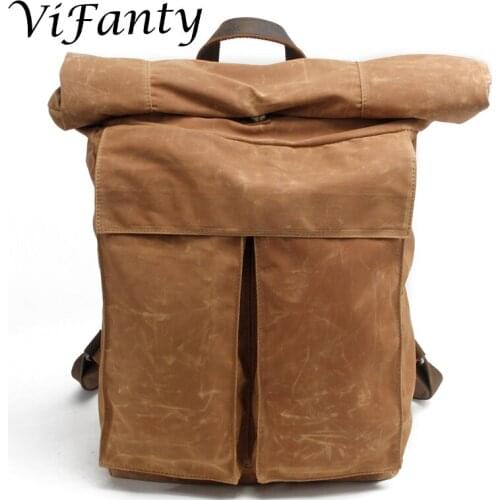 Waxed oil Canvas Leather Shoulder Hiking Rucksack bag Men Travel Backpack bag