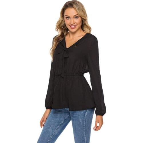 Women Lace Up Ruffles Women Blouse V-Neck Vintage Blusa 2020 Spring Summer Solid Slim Fashion Tops Lady