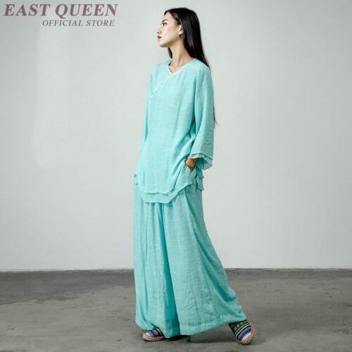 Womens two piece sets 2019 linen baggy traditional chinese clothing for women outfits pant suits for women FF851