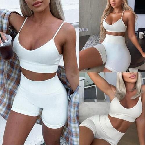 Women Solid Color Spaghetti Strap Tank Camisole Crop Top Hot Shorts Pants Sports Set Yoga Wear Athletic Short Sets Hot