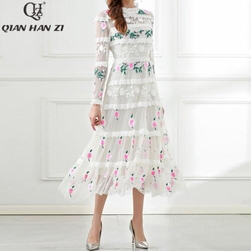 Qian Han Zi New Summer Fashion Spring Summer Runway Maxi Dress Womens Long Sleeve elegant Lace Flower Embroidered Long Dress
