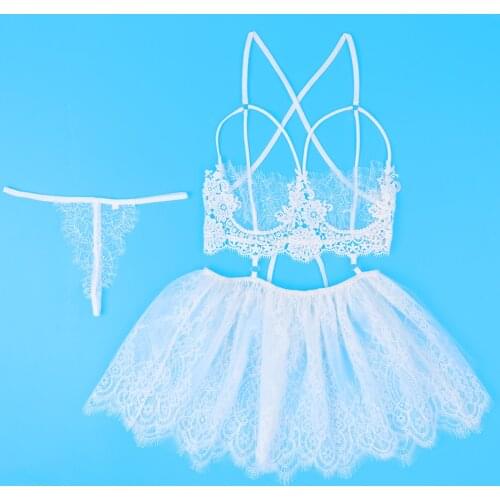 Womens Erotic Sheer Lace Sleepwear Nightgown Dress with Panties Sexy Exotic Straps Backless See Through Mini Dress with G-string