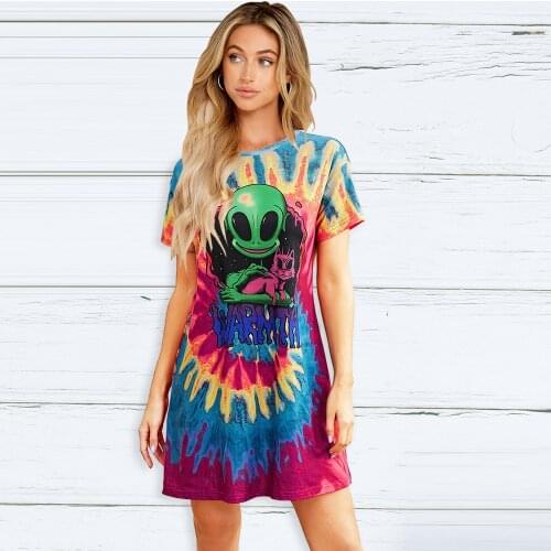 Cool Alien T Shirt Dress Women Casual Gothic Personality Print Street Round Neck Short-Sleeve Loose Mini Dress Plus Size 5xl