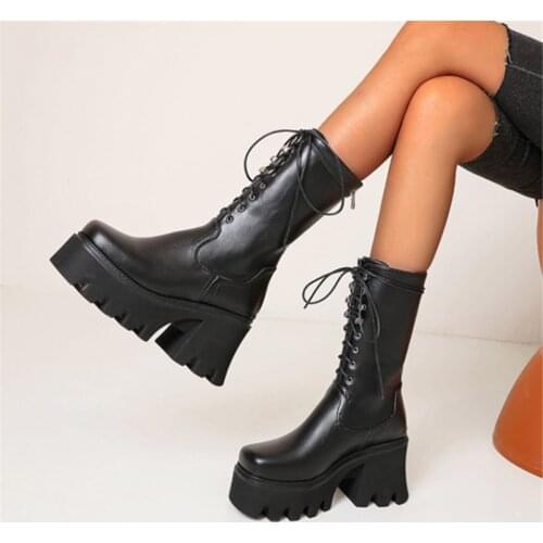 PXELENA 2020 Winter Shoes Chunky Block High Heels Platform Boots Military Combat Punk Rock Gothic Mid Calf Boots Plus Size 35-44