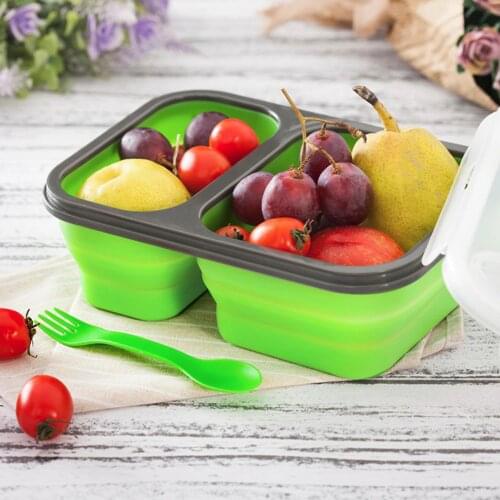 2 Cells Silicone Collapsible Portable Lunch Box Microwave Oven Bowl Bento Box Folding Food Storage Container Lunchbox 650ML+450M