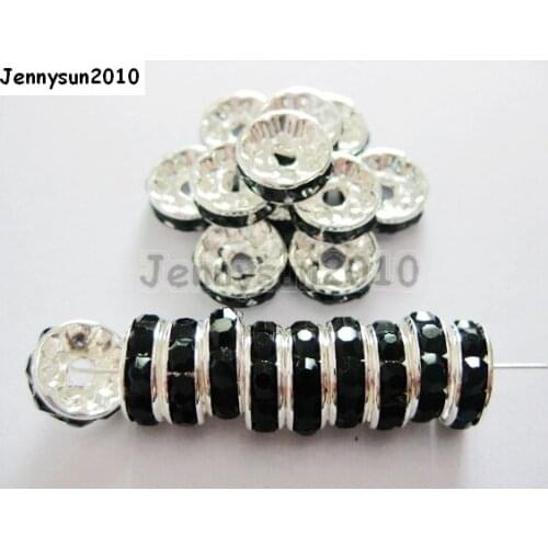 200pcs/lot 5mm Top Quality Czech Crystal Jet Black Rhinestone Pave Rondelle Metal Silver Plated Spacer Loose Beads Jewelry
