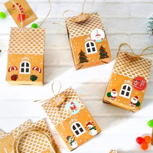 24 Sets Christmas House Gift Box Kraft Paper Cookies Candy Bag Snowflake Tags 1-24 Advent Calendar Stickers Hemp Rope Party Supp