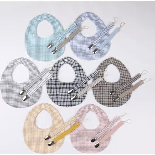 6Sets Linen Plaid Baby Boy Bibs& Pacifier Chain Clips Double Side Snap Feeding Cloth Adjustable Kids Toy Photo Props Shower Gift