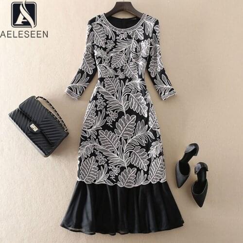 AELESEEN Runway Fashion Women Trumpet Dress 2021 High Quality Flower Embroidery Sequined Elegant Ruffles Long Party Dress